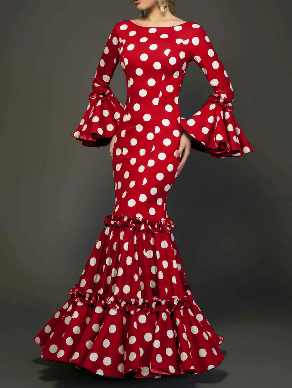 Women's Polka Dot Ruffle Hem Flare Sleeve Maxi Dress