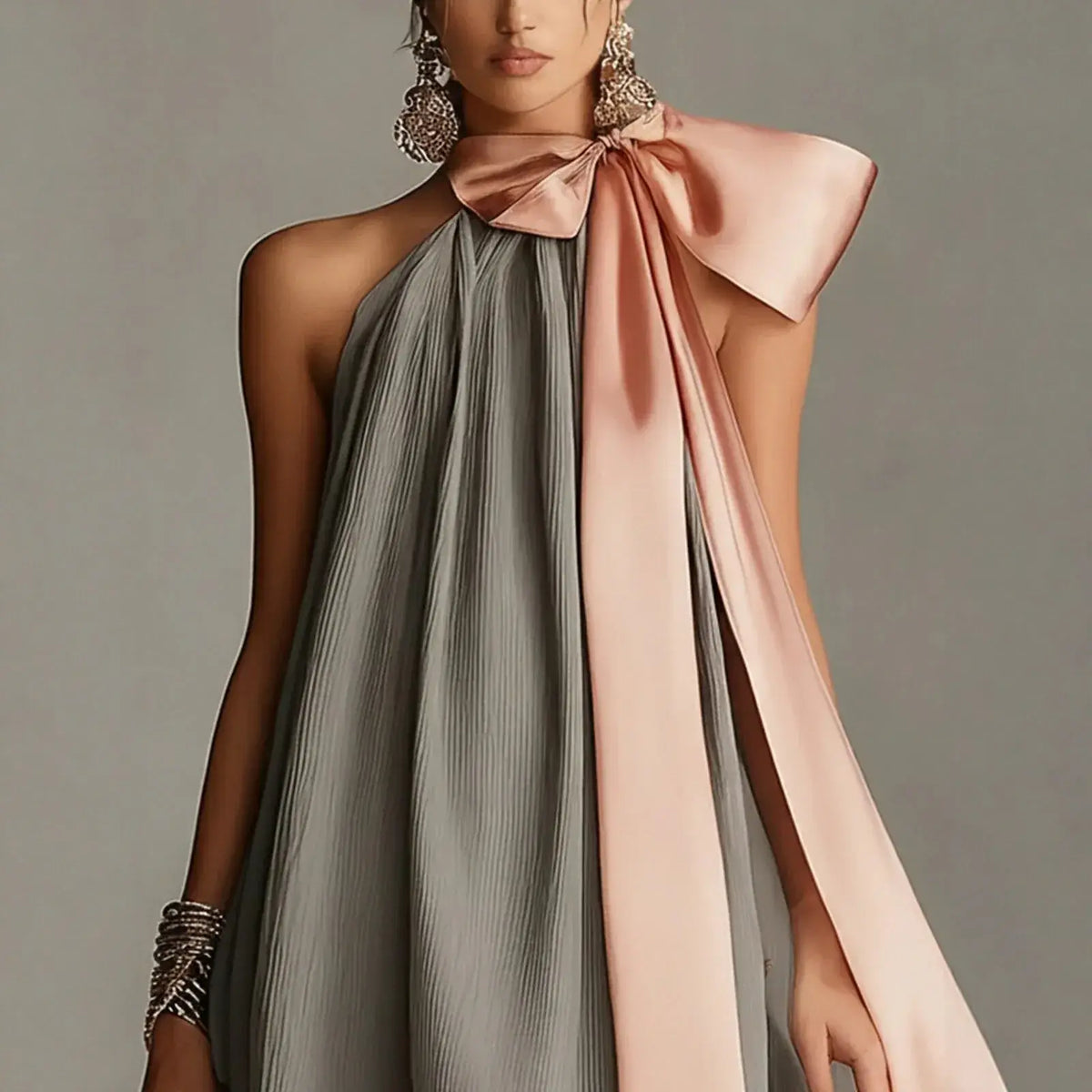 Women's Pink Satin Halter Mini Dress with Bow Tie