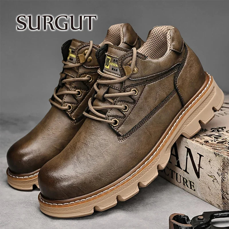 Men's Leather Ankle Motorcycle Boots, Handmade Lace-Up Waterproof