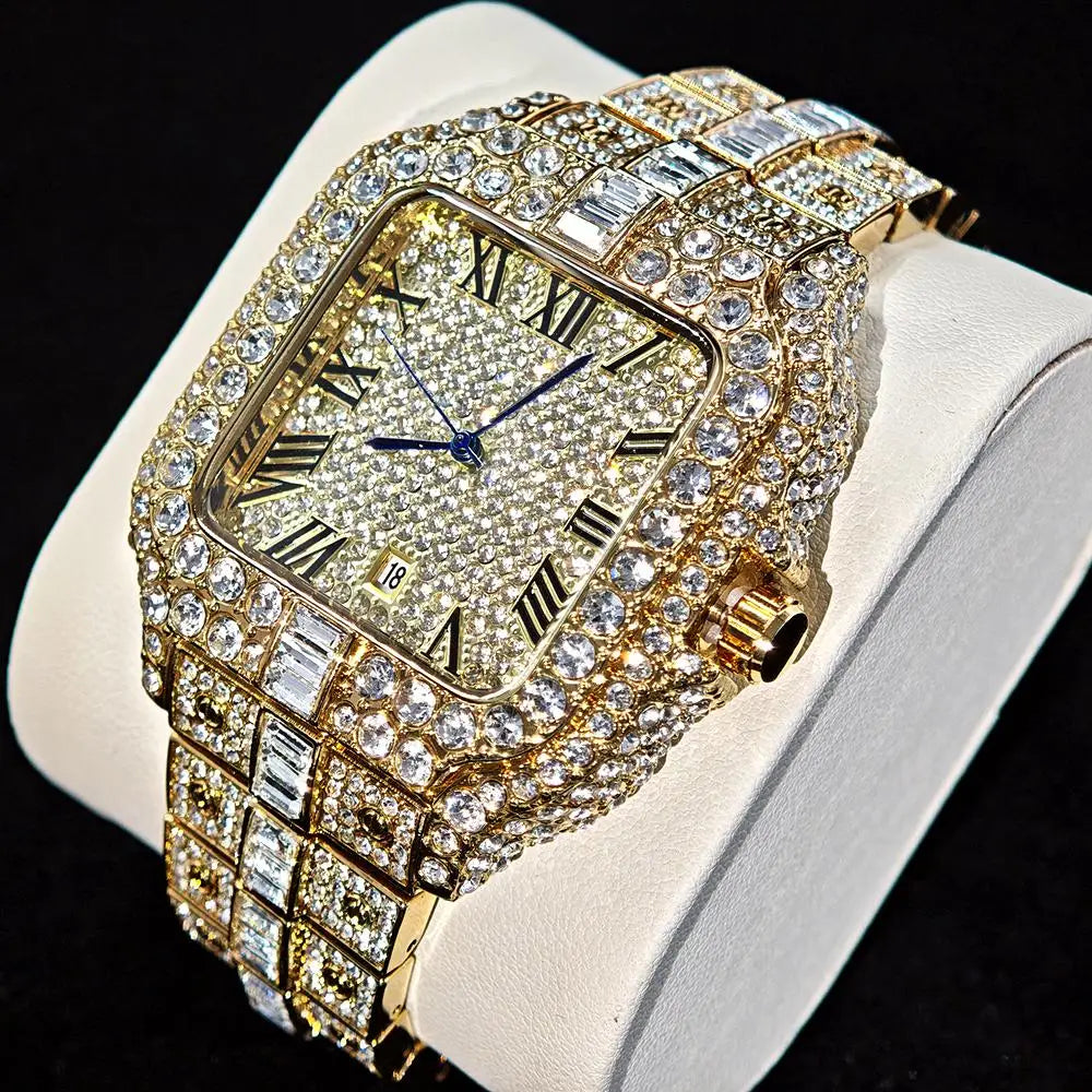 Men's iced-out diamond watch on wrist