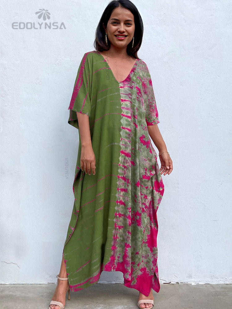 Women's Bohemian Printed V-Neck Batwing Split Maxi Dress