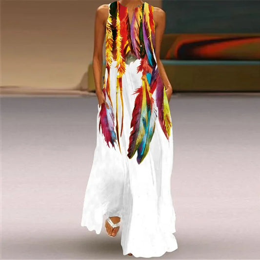 Women's Sleeveless Large Print White Vest Maxi Dress