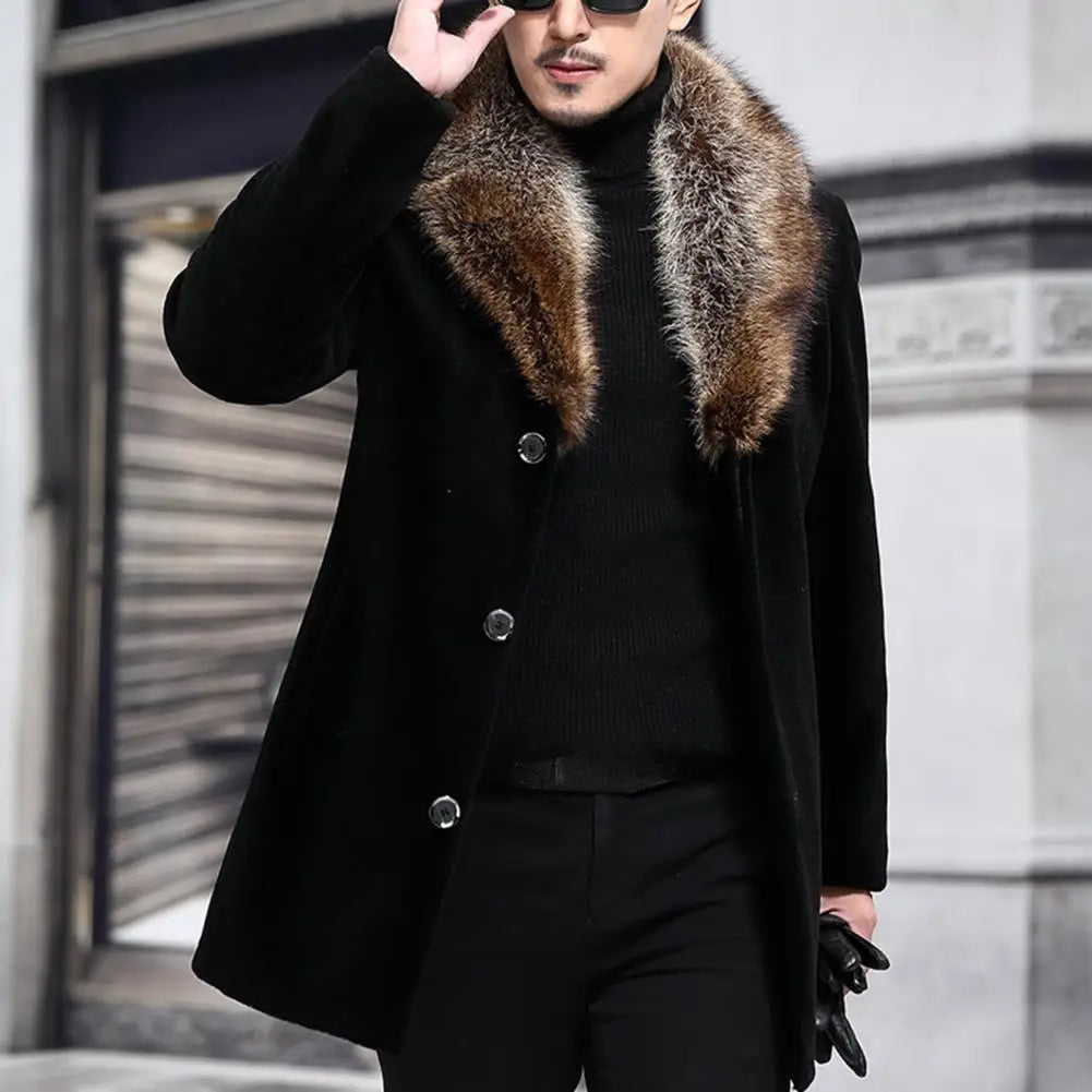 Men's Faux Fur Collar Thick Woolen Single-Breasted Coat