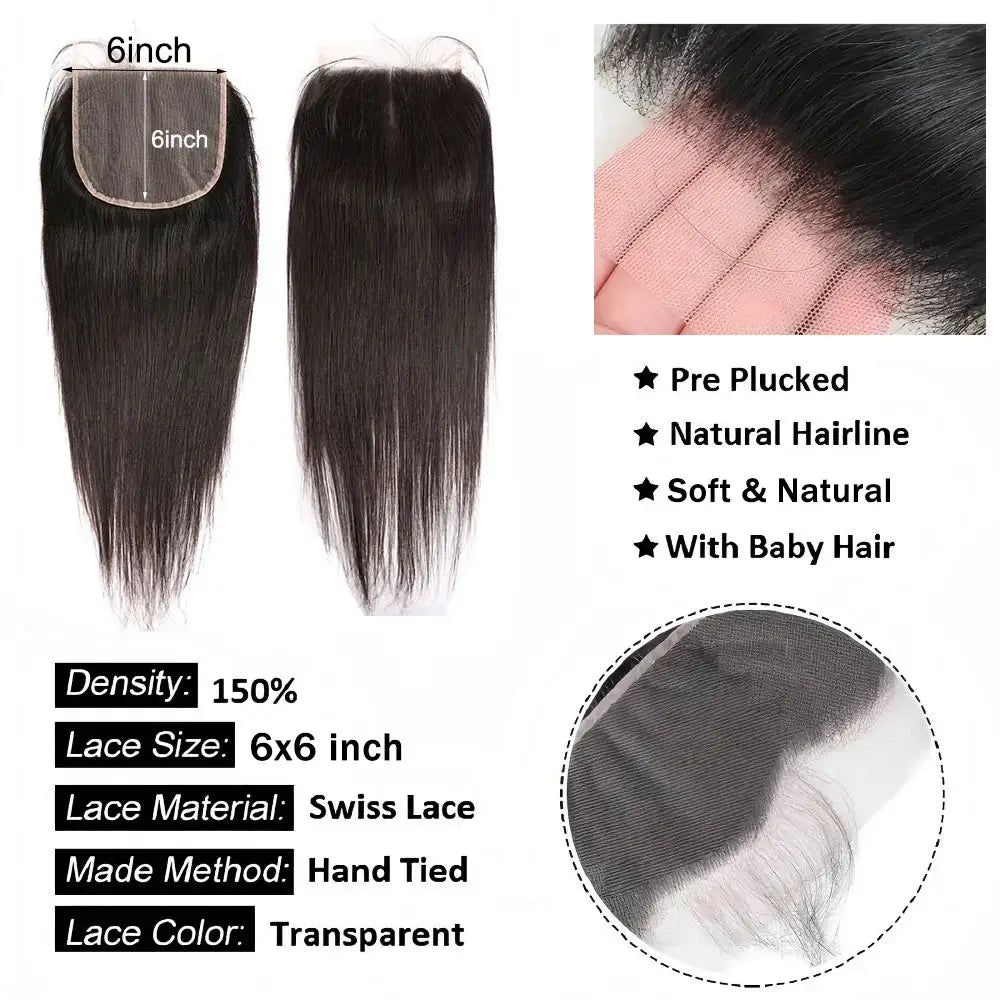 Straight 13x6 Lace Frontal Only 360 Lace Brazilian Virgin Human Hair 2x6 Lace Closure 4x4 5x5 Transparent Swiss Lace Closure with natural hairline.