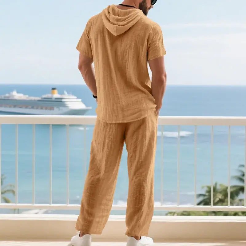 Men's Summer Linen Short Sleeve Hoodie and Loose Pants Set