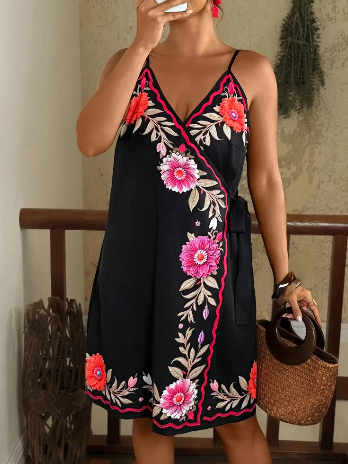 Women's Plus Size Ethnic Print Halter V-Neck Holiday Dress