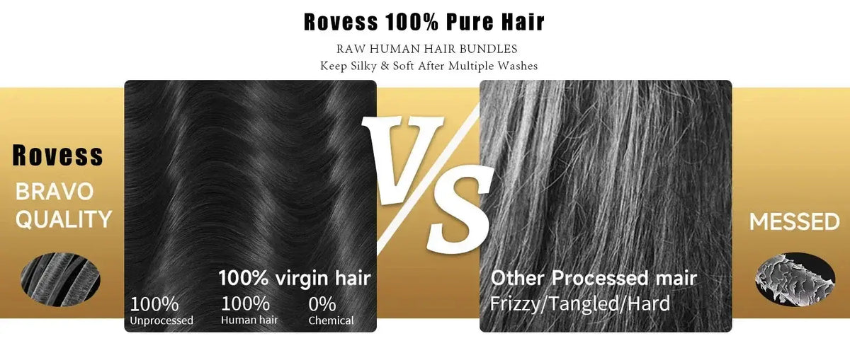 Rovess 100% Pure Hair comparison showing Bravo Quality vs Other Processed Hair textures for 28 30 Inch Body Wave 100% Human Hair Bundles.