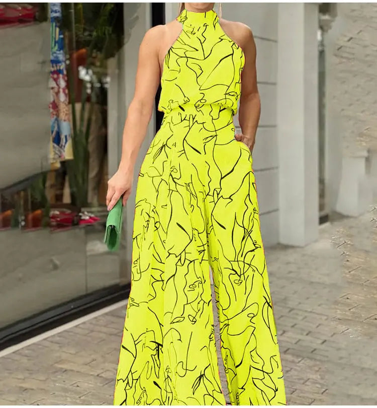Women's Print Halter Wide-Leg Sleeveless Jumpsuit