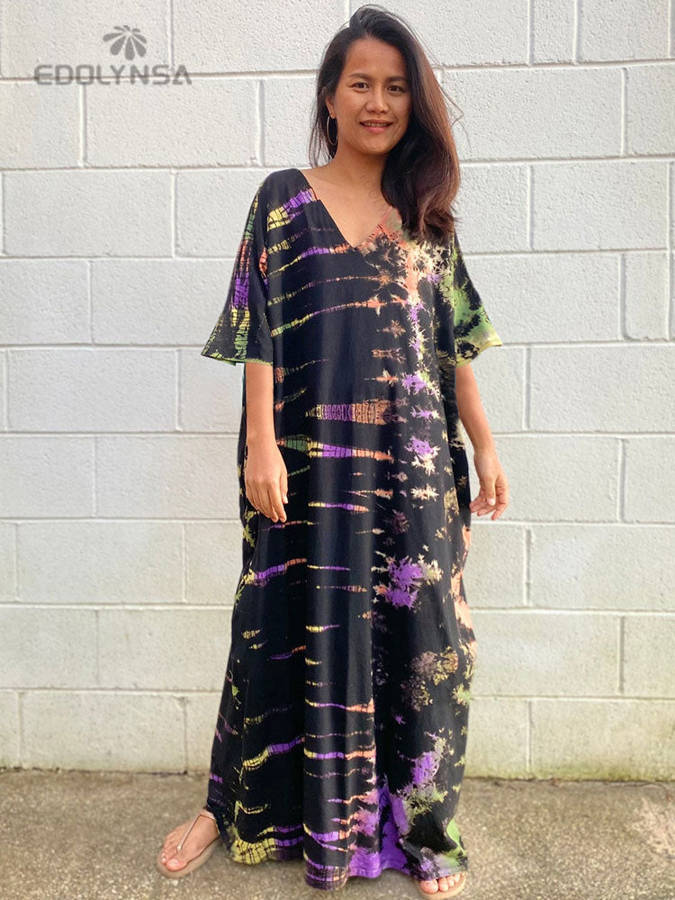 Women's Bohemian Printed V-Neck Batwing Split Maxi Dress