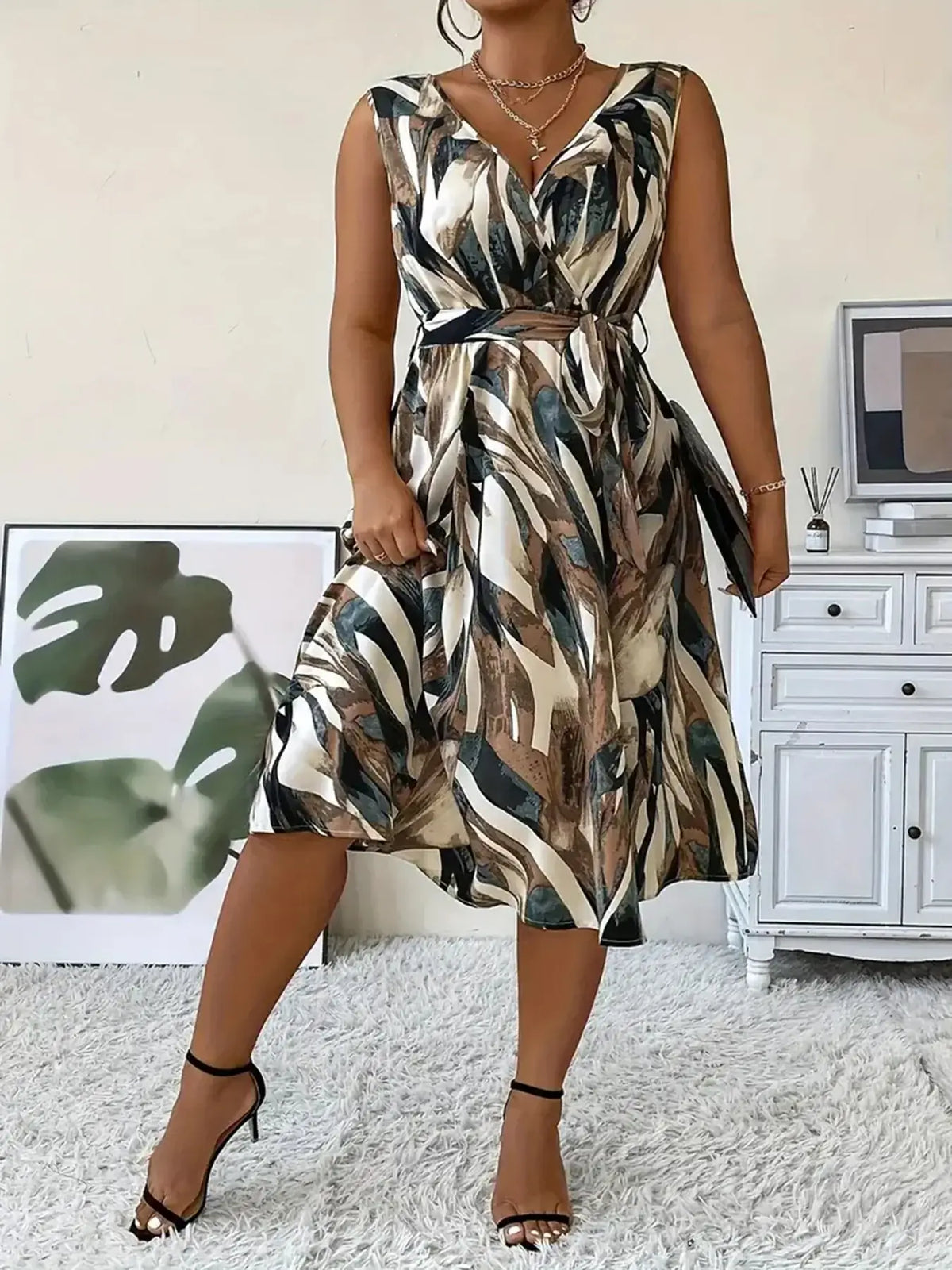 Women's Plus Size Print V-Neck Sleeveless Slim Dress