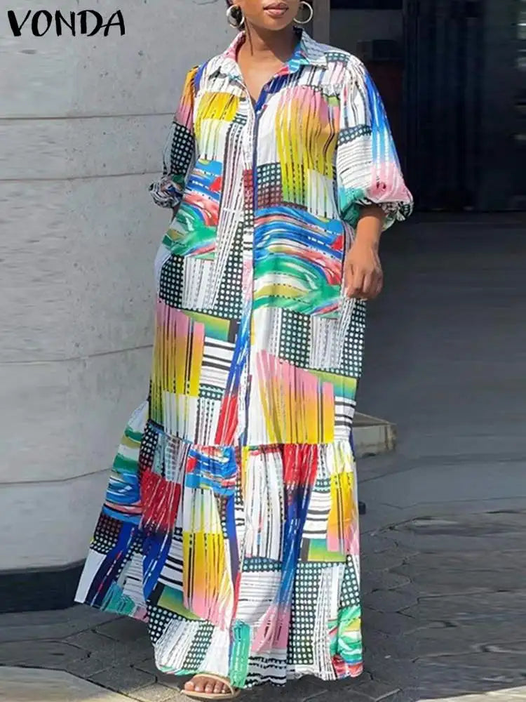 Women's Plus-Size 5XL Bohemian Printed Long Sleeve Vintage Maxi Dress