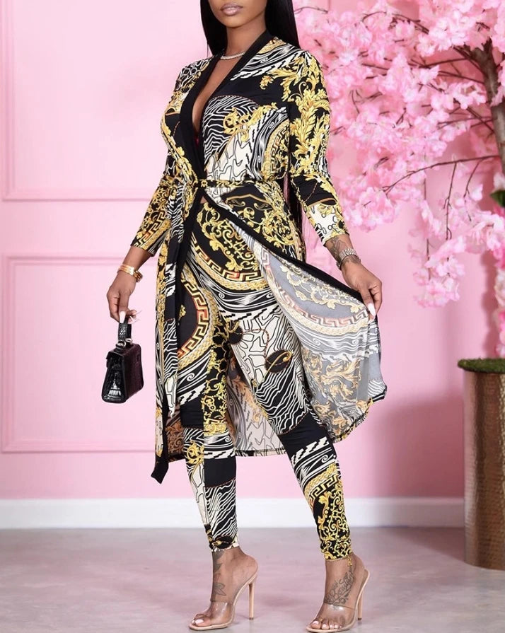 Women's Two-Piece Long Sleeve Sexy V-Neck Fashion Baroque Print Top and Tights Suit Casual Daily Street Wear