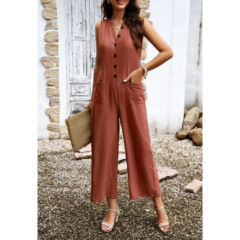 Women's Wide-Leg Button-Pocket Commuter Jumpsuit