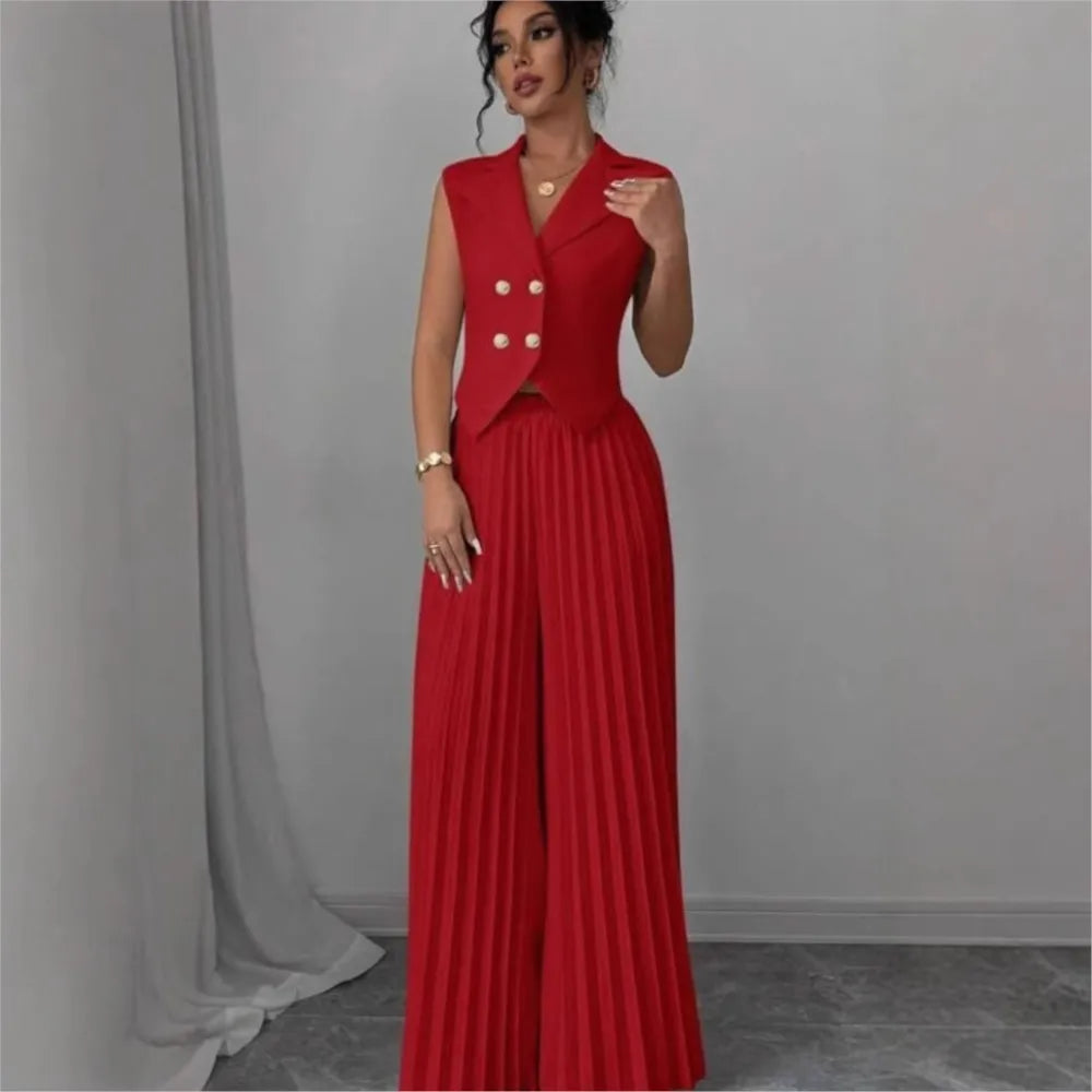 Women's Solid Lapel Sleeveless Top and Trousers Two-Piece Set
