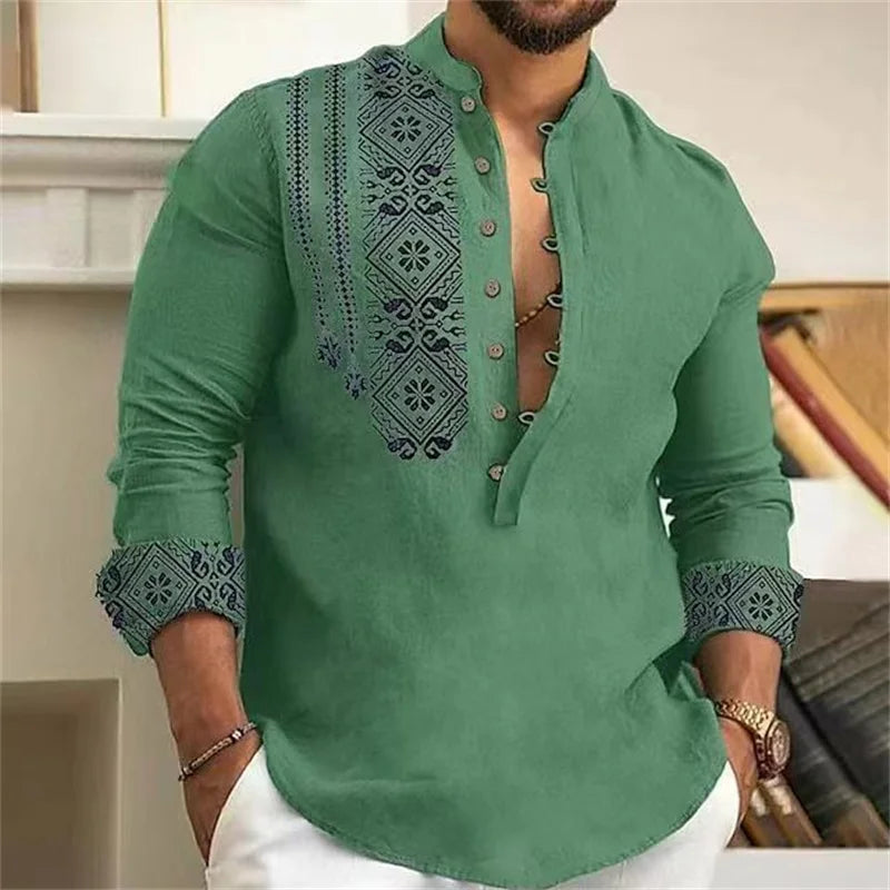 Men's 7-Button Loose Henley V-Neck Long Sleeve Beach Shirt