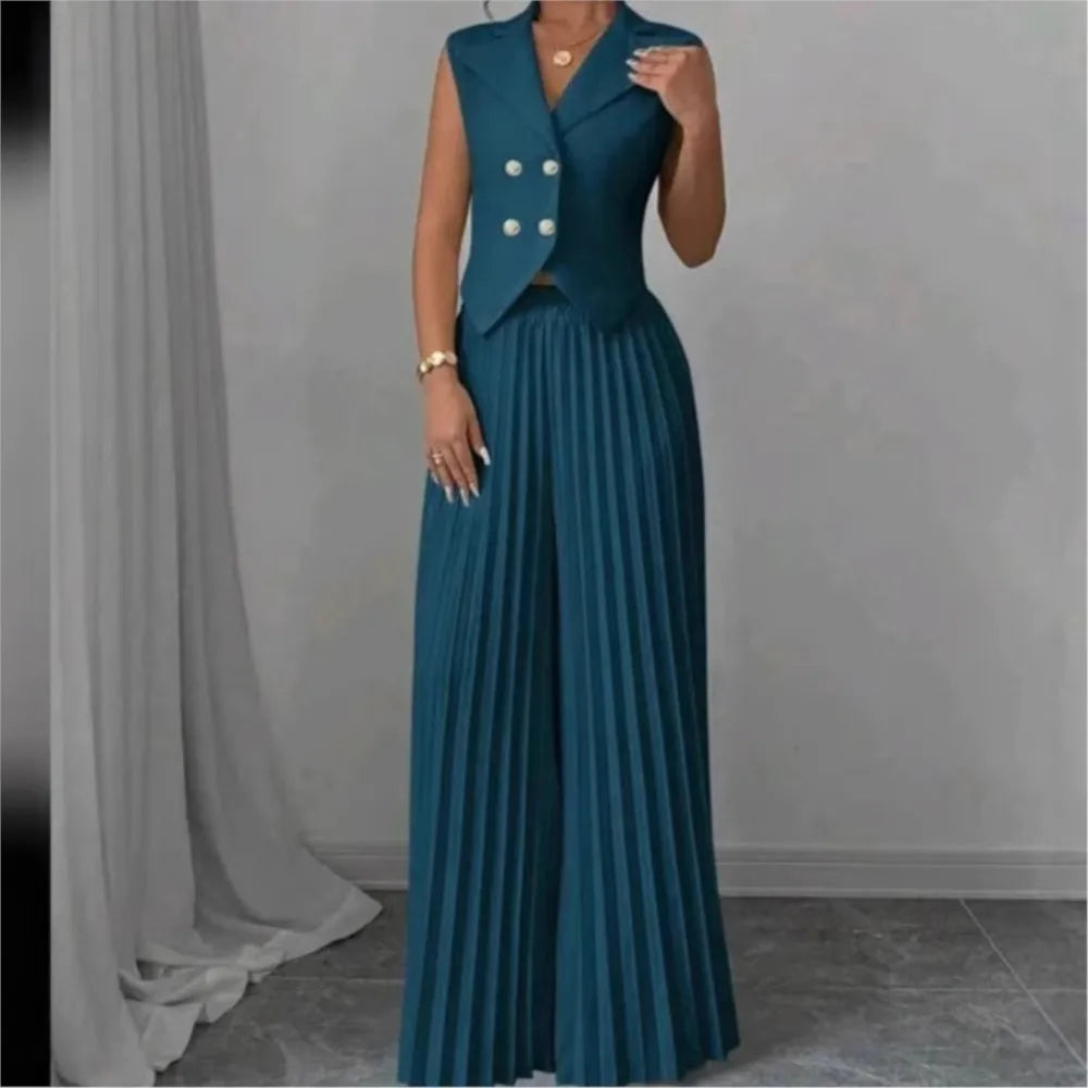 Women's Solid Lapel Sleeveless Top and Trousers Two-Piece Set