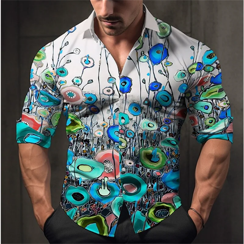Men's Geometric Flower Pattern Button Shirt T-Shirt Set