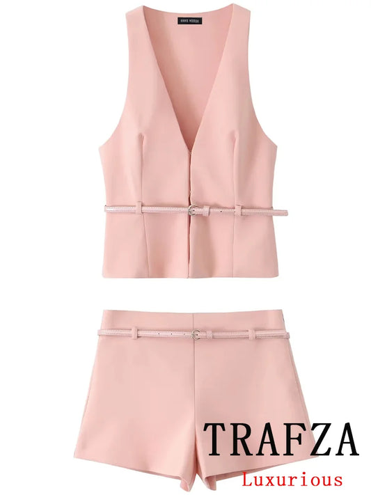 Women's Vintage V-Neck Sleeveless Vest Blazer and Shorts Office Set