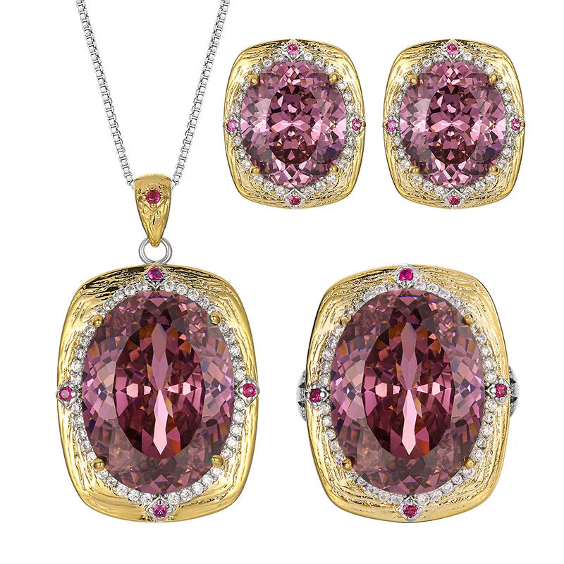 Women's Rose Cut Zircon Necklace Earring Ring Set