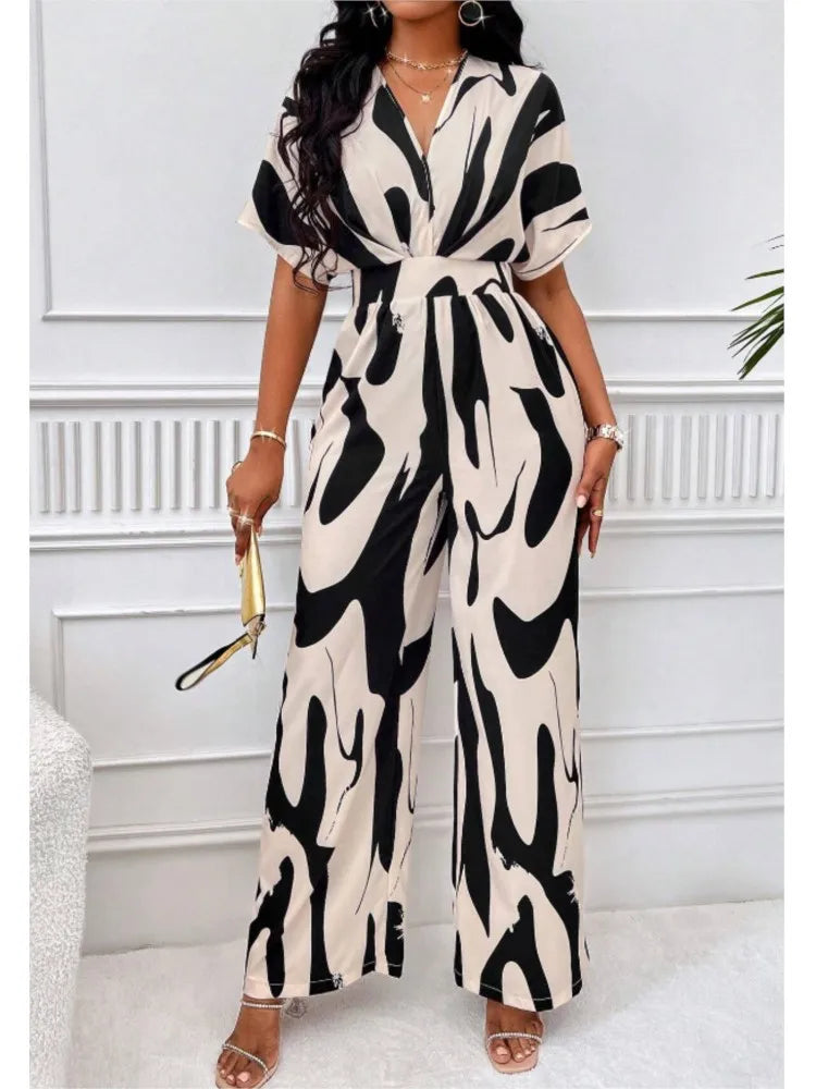 Women's V-Neck Short-Sleeve Printed Wide-Leg Jumpsuit