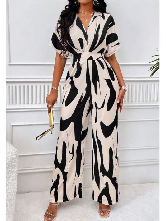 Women's V-Neck Short-Sleeve Printed Wide-Leg Jumpsuit