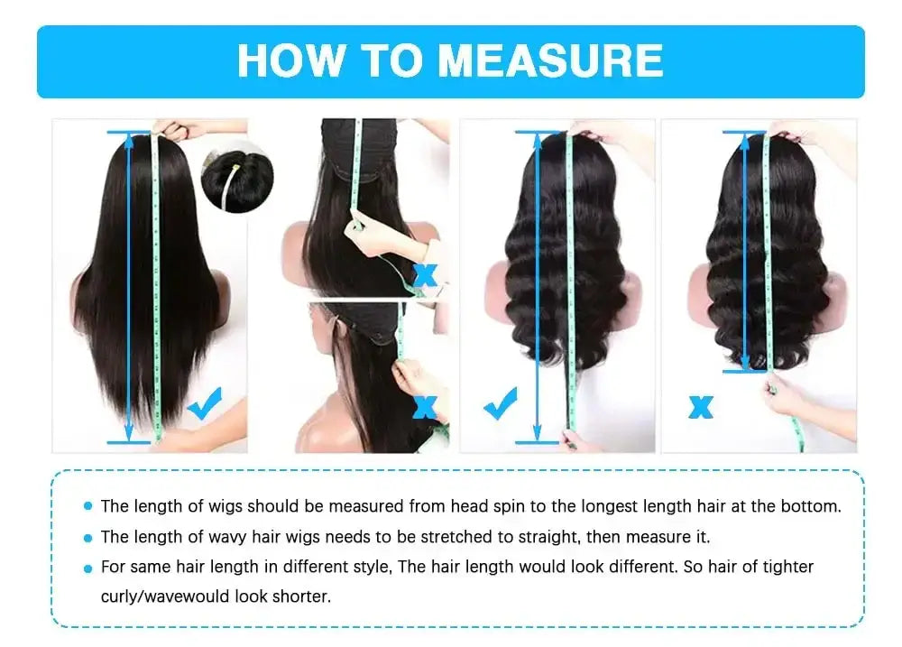 How to measure wig length, including straight and wavy hair styles for accurate measurements.