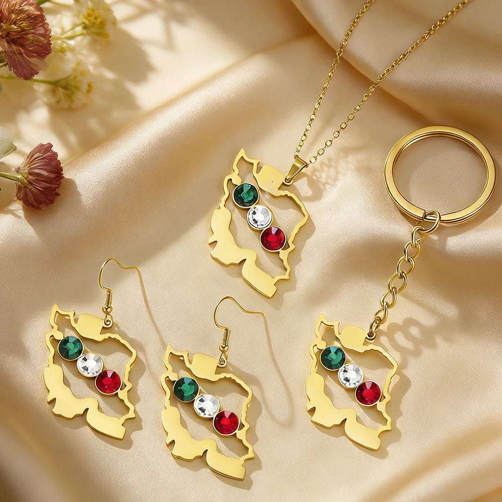 Women's Iran Map Zircon Necklace Earrings Keychain Set