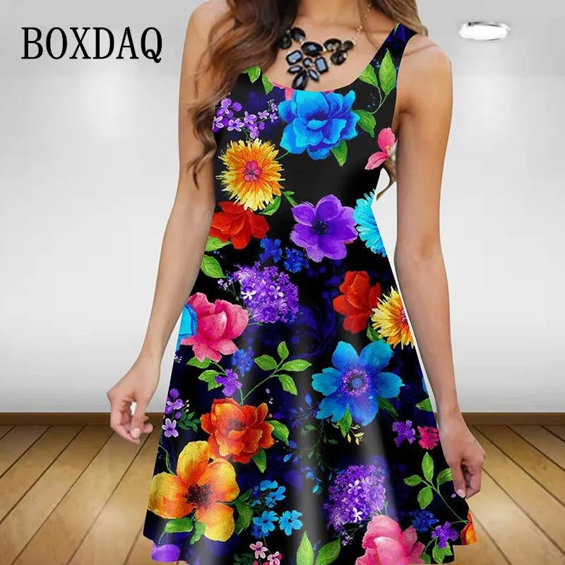 Women's Floral 3D-Print Sleeveless A-Line Summer Sundress