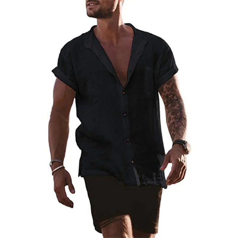 Men's Cotton Linen Short Sleeve Stand Collar Beach Shirt