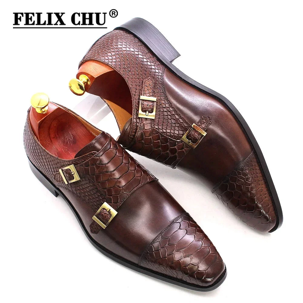 Men's Leather Double Buckle Monk Strap Snake Print Dress Shoes