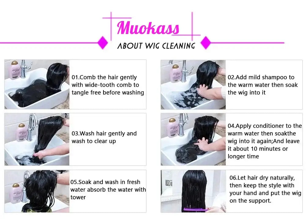 Muokass About Wig Cleaning Guide: Steps include combing, washing, and drying wigs properly.