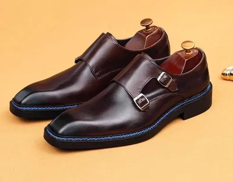 Men's Cowhide Square Toe Double Monk Strap Dress Shoes
