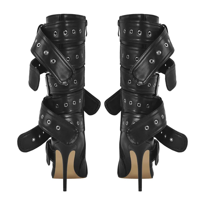 Women's Pointed-Toe Mid-Calf Stiletto Boots with Buckle