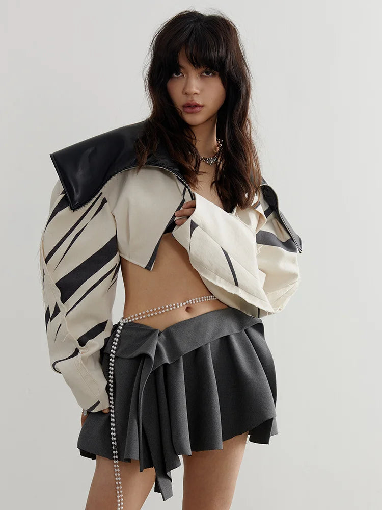 Women's Contrast Lapel Zipper Short Jacket Coat