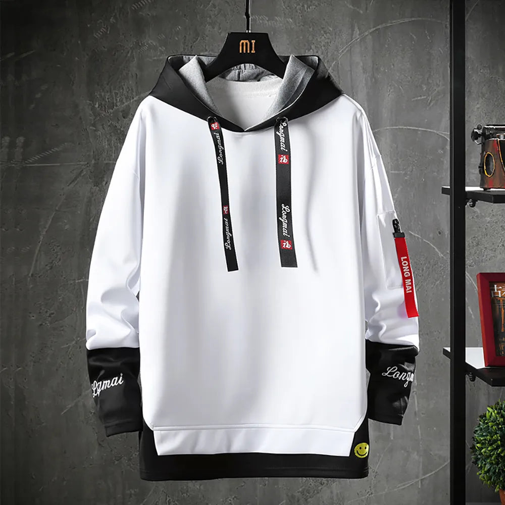 Men's Fake Two-Piece Embroidered Sport Hoodie Pullover Sweatshirt