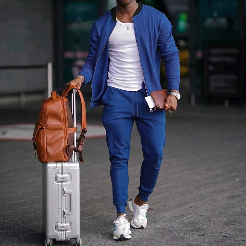 Men's Solid Stand-Collar Zip Jacket and Pants Set