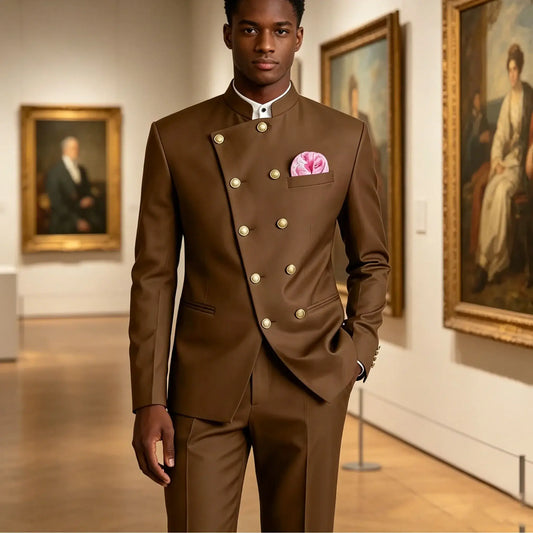 Men's Brown Mandarin Collar 2-Piece Suit, Double Breasted Gold Buttons