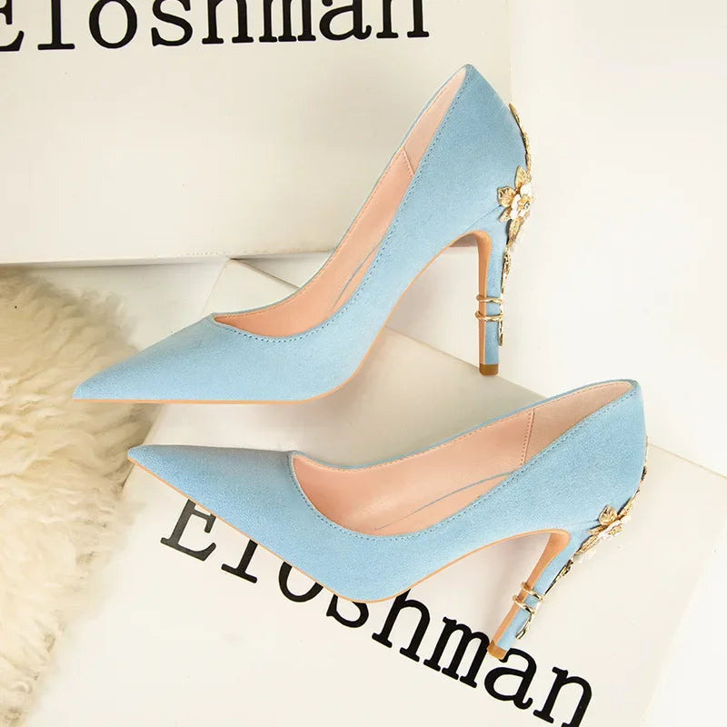 Women's Metal Flower Pointed High Heel Banquet Heels