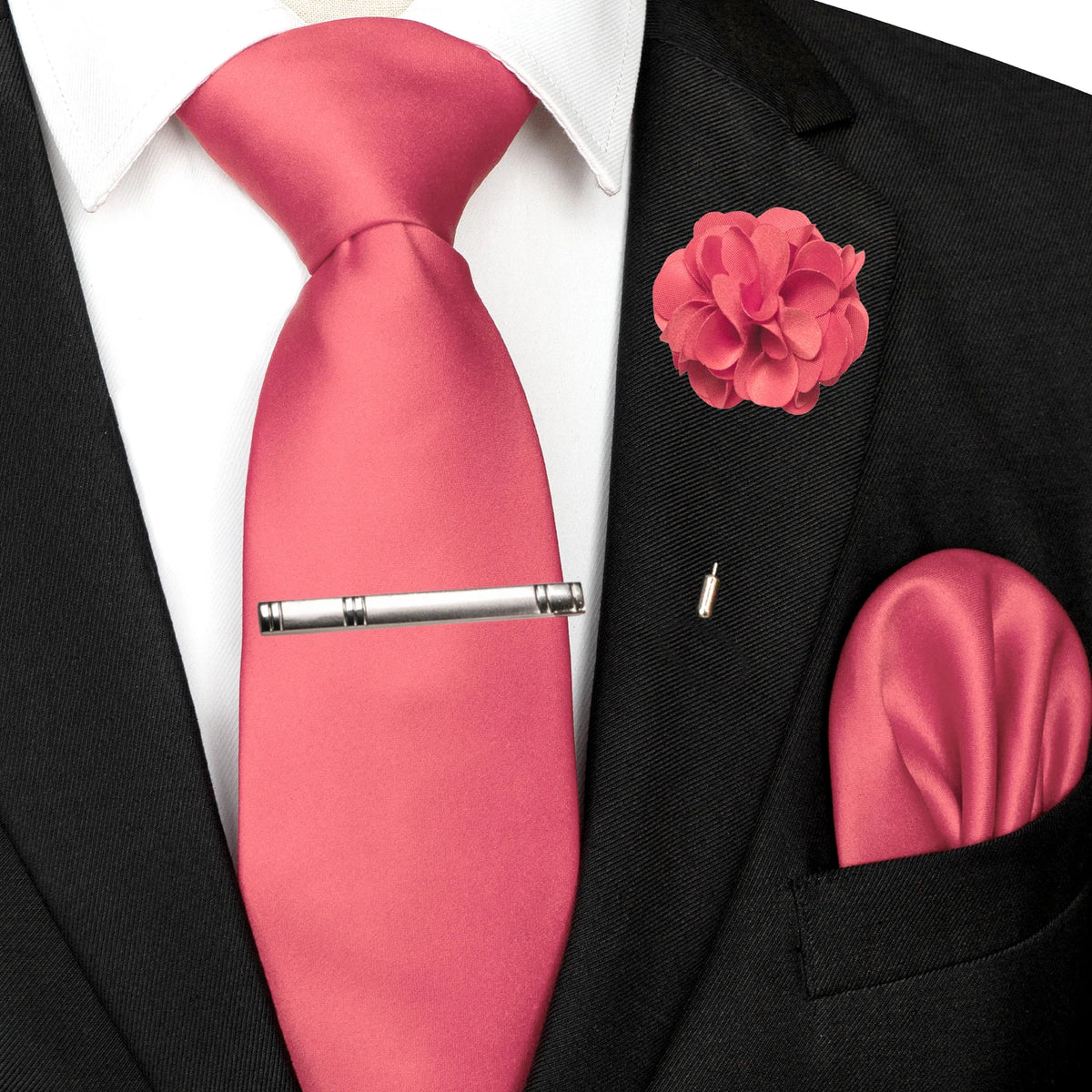 Men's Solid Color Tie Set with Lapel Pin and Pocket Square