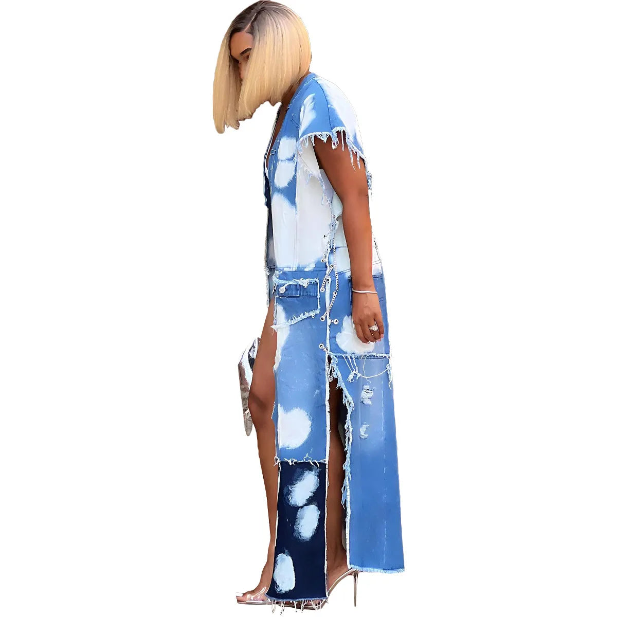 Women's Long Denim Trench Jacket with Pockets, Street Outerwear