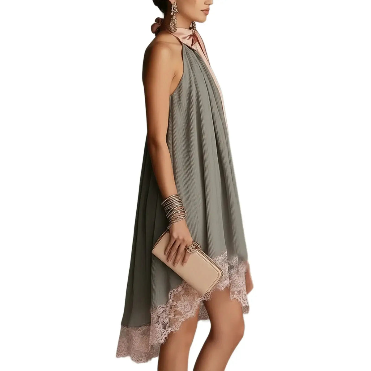 Women's Pink Satin Halter Mini Dress with Bow Tie