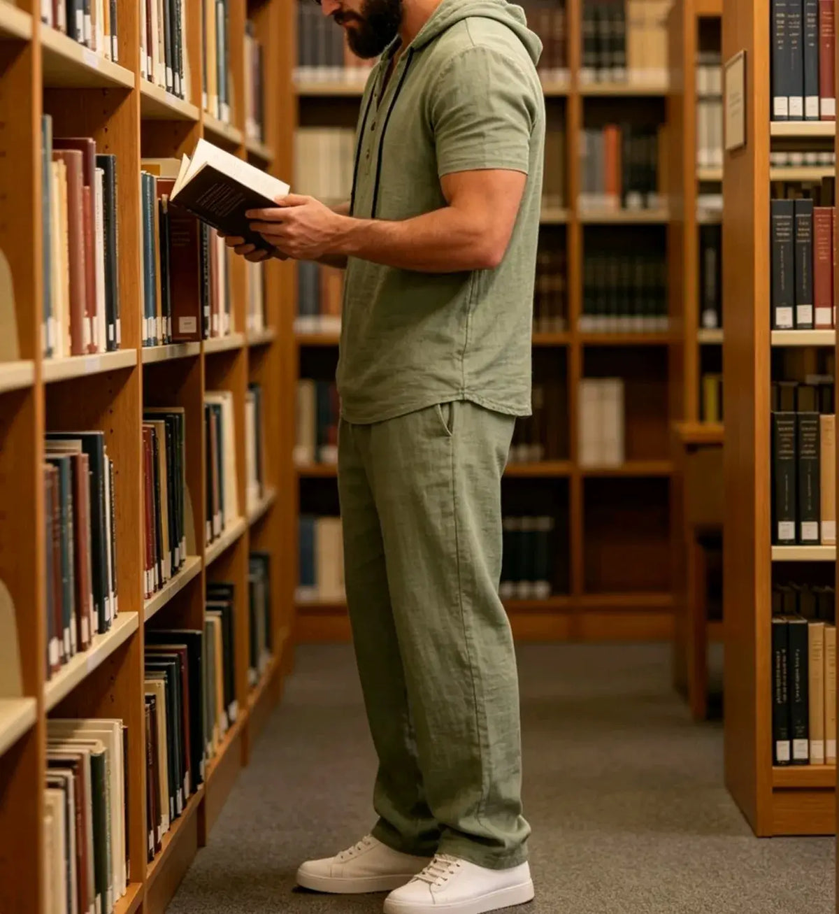 Men's Summer Linen Short Sleeve Hoodie and Loose Pants Set