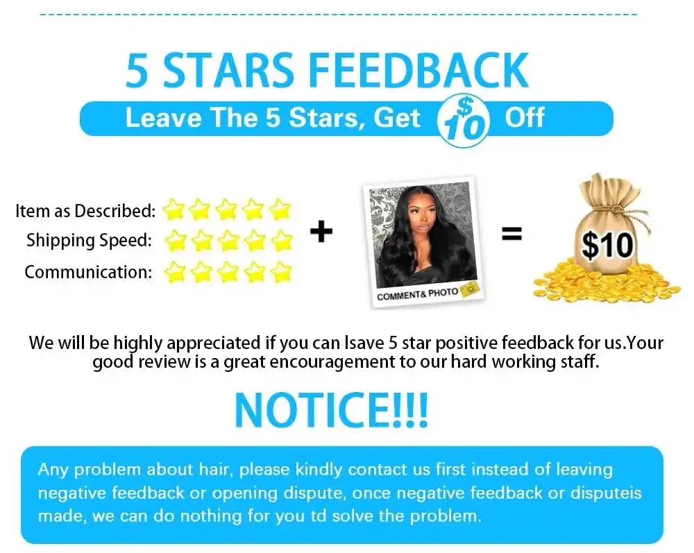 5 stars feedback message with customer photo, encouraging 5 star reviews and offering $10 off.