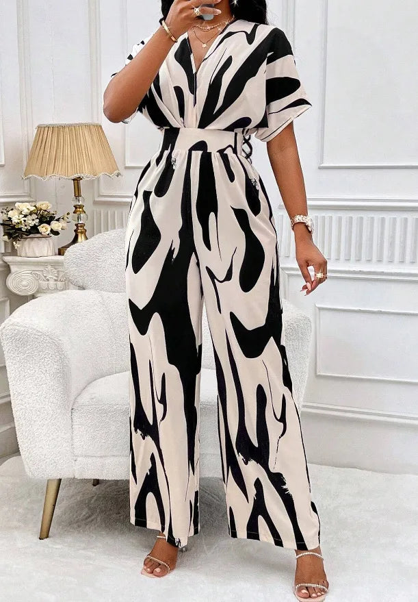 Women's V-Neck Short-Sleeve Printed Wide-Leg Jumpsuit