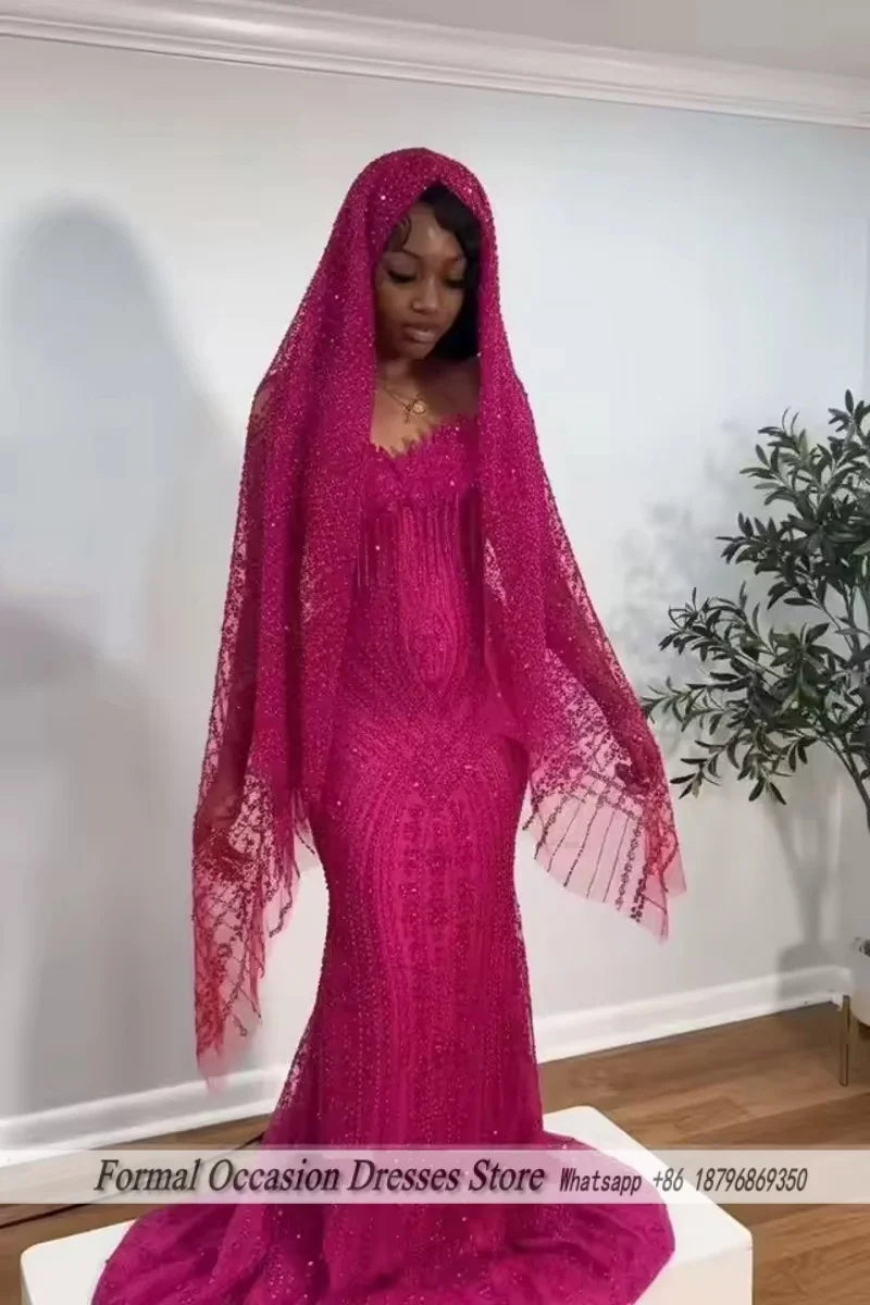 Women's Red Sequin Beading Sleeveless Prom Dress With Veil