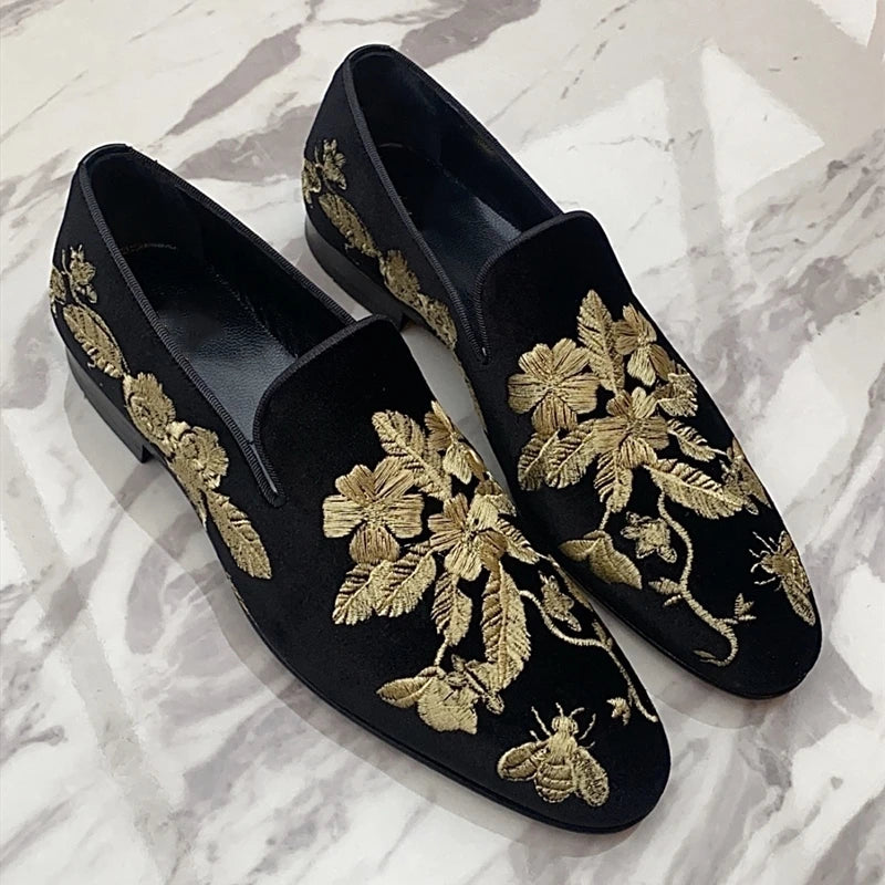 Men's Black Flock Embroidered Slip-On Dress Loafers