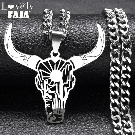 Bull Head Cowboy Stainless Steel Necklace Silver Color