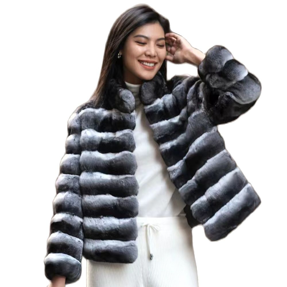 Women's Rex Rabbit Fur Chinchilla Stripe Winter Coat