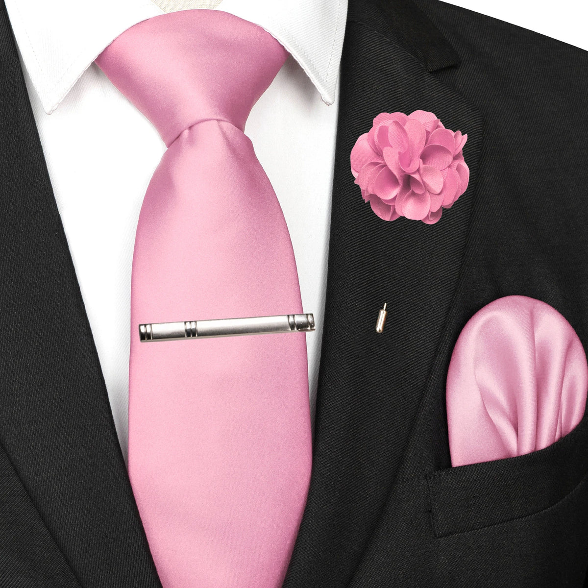 Men's Solid Color Tie Set with Lapel Pin and Pocket Square