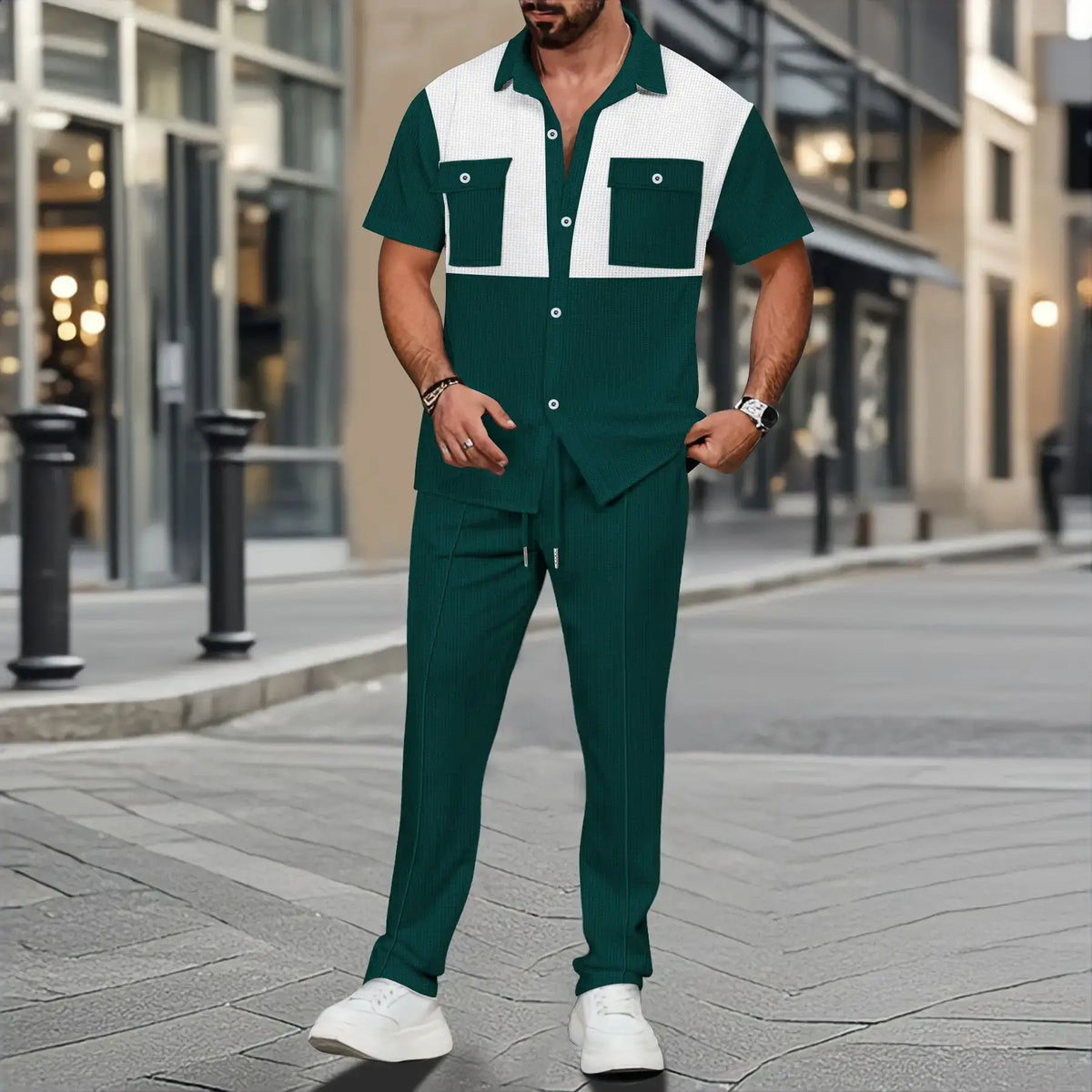 Men's Color-Block Short-Sleeve Shirt & Pants Set